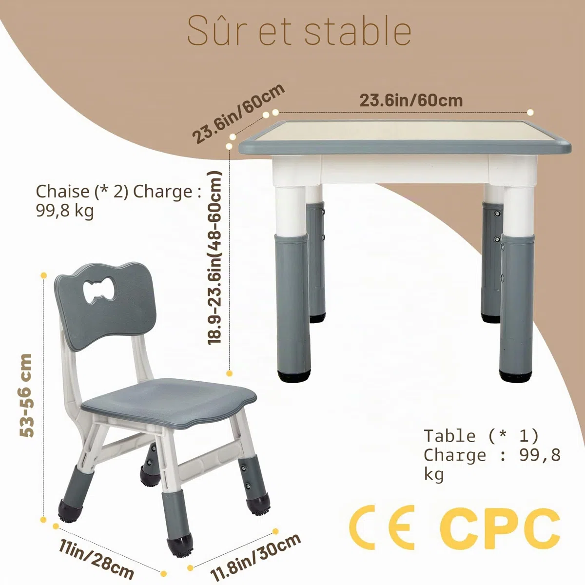 FUNLIO Table pour Enfant avec 2 Chaises, Table et Chaise Réglable en Hauteur pour Les 3 à 8 Ans pour la Maison, Dessin Enfant Facile à Nettoyer, Approuvé CPC et CE (3 Pièces)- Gris