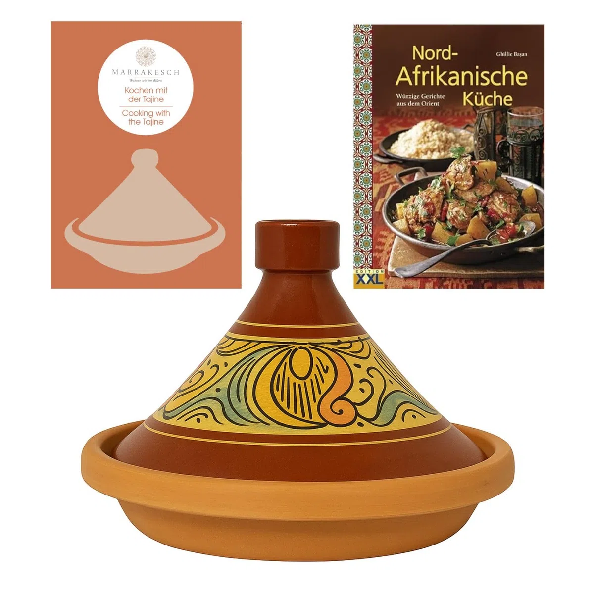 Tajine marocain pour la cuisson | Cocotte émaillée Chaouen Ø 30 cm pour 4 à 5 personnes | Avec recette et manuel d'utilisation (français non garanti) | Pot en terre cuite original fabriqué à la main
