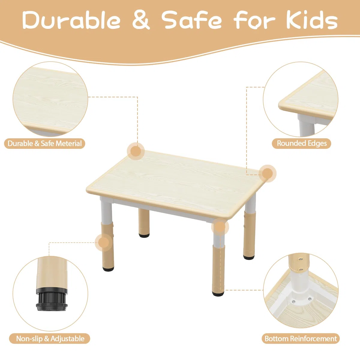 Table Enfant avec 4 Chaises, Ensembles de Table et Chaise Enfant pour Maternelle Creche,Réglables en Hauteur,avec Plateau Graffité et Coussin Anti-dérapant—Couleur Bois