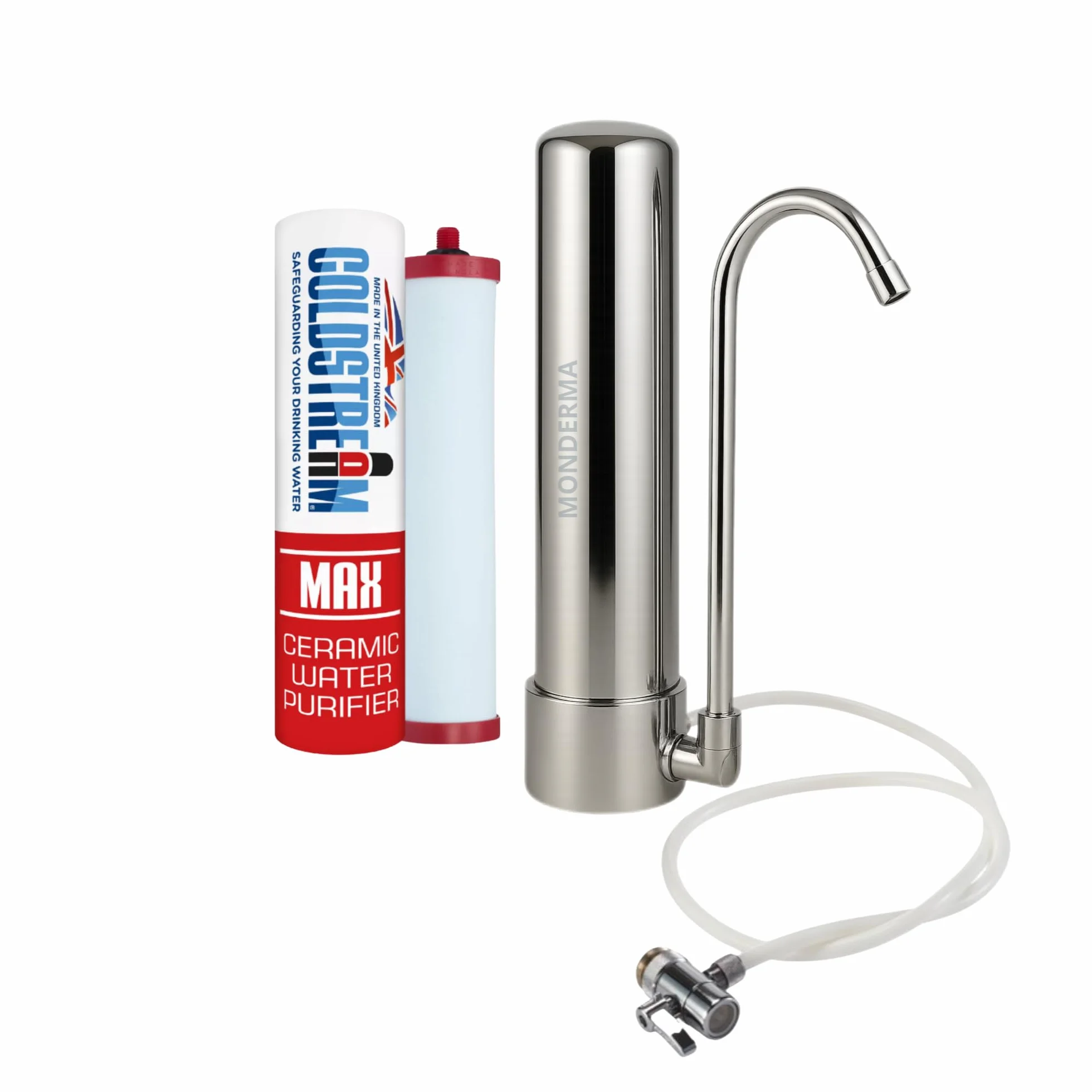 Filtre à Eau sur Comptoir, 1 cartouche filtrante CTO MAX coldstream, Inox 304, 33 cm x 7,5 cm, Capacité 3000L, Installation Robinet, Filtration sans Électricité