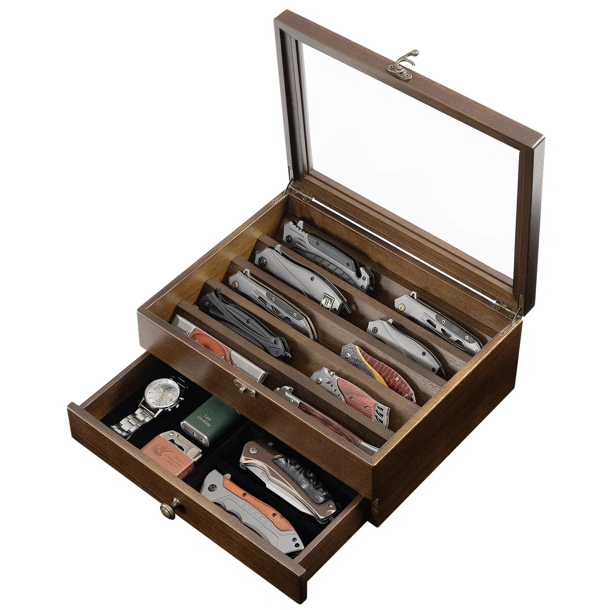 2 Étages Présentoir à Couteaux, Grande Vitrine à Couteaux pour Plusieurs Couteaux Pliants, Coffret Poignard en Bois avec Tiroir et Vitre Haute Définition, pour Collections, Cadeau (Noyer)