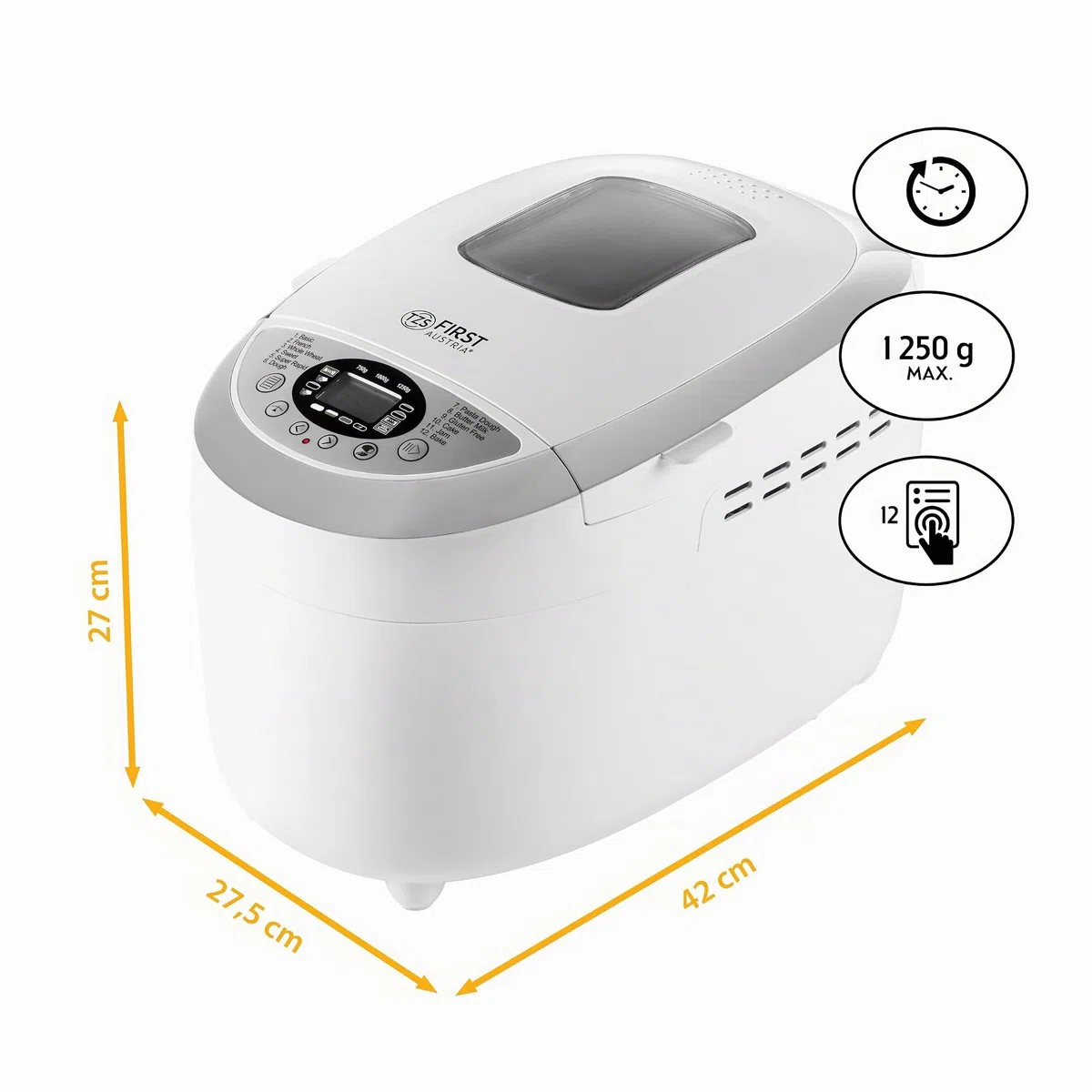 TZS First Austria - Machine à pain avec 12 programmes automatiques 850W - Pétrin électrique de 700-1250g - Avec hublot, minuterie, accessoires et fonction de maintien au chaud - Blanc