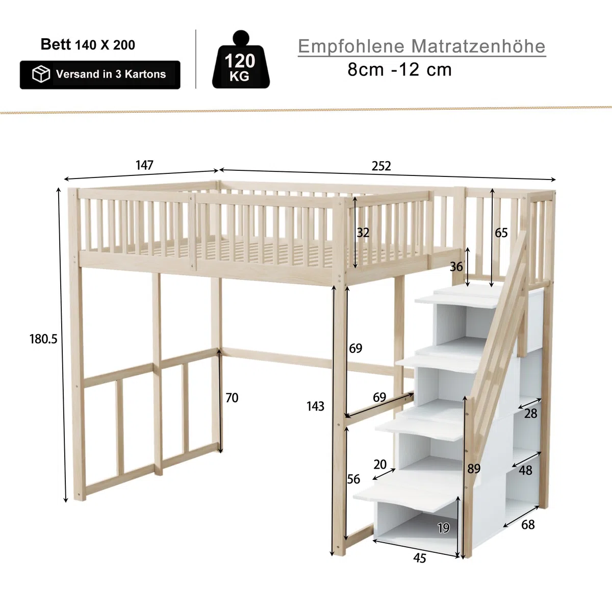Merax Lit Mezzanine 140 x 200 cm, Multifonction Lit Enfant avec Espace de Rangement Escalier, Couleur Bois et Blanc (sans Matelas)