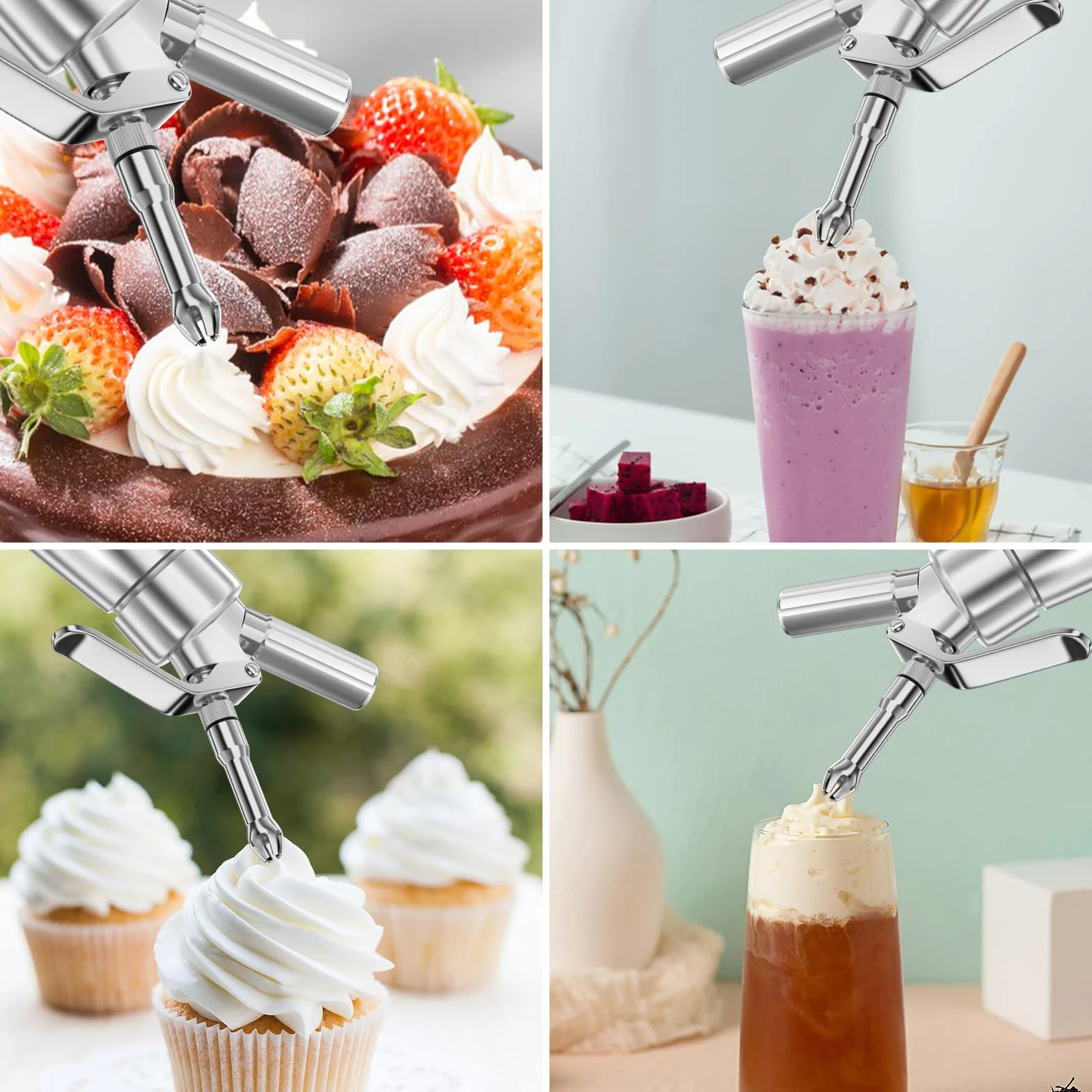 Fousenuk 500ml Siphon Chantilly, Siphon à Crème en Aluminium avec 3 Douilles en Acier Inoxydable et 1 Brosse de Nettoyage pour Décoration Gâteaux d'anniversaire Pâtisserie Crème Glacée et Desserts