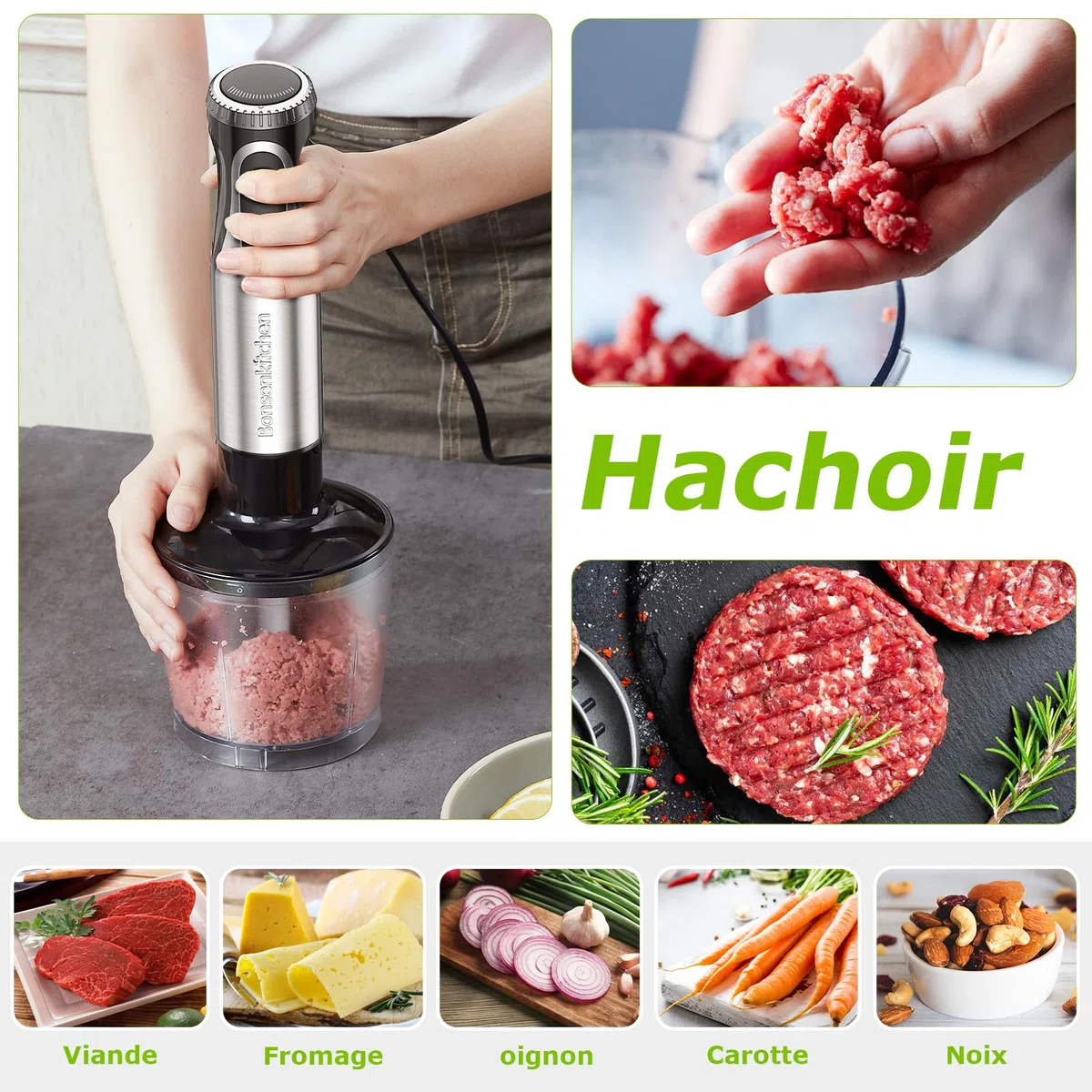 Bonsenkitchen Mixeur Plongeant, 4-en-1 Mixeur Plongeur Multifonction 1000W, 20 Vitesse Réglable, avec Fouet, Hachoir de 500ml et Verre Doseur 700 ml, Robot de Cuisine (HB3203)