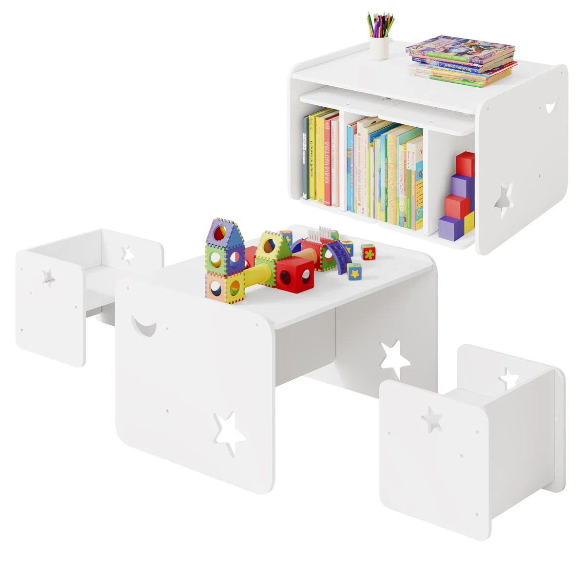WOLTU Ensemble de Table et Chaises pour Enfant, Table Enfant avec 2 Chaises, pour Crèche, Jardin d'enfants, Salle à Manger, Blanc