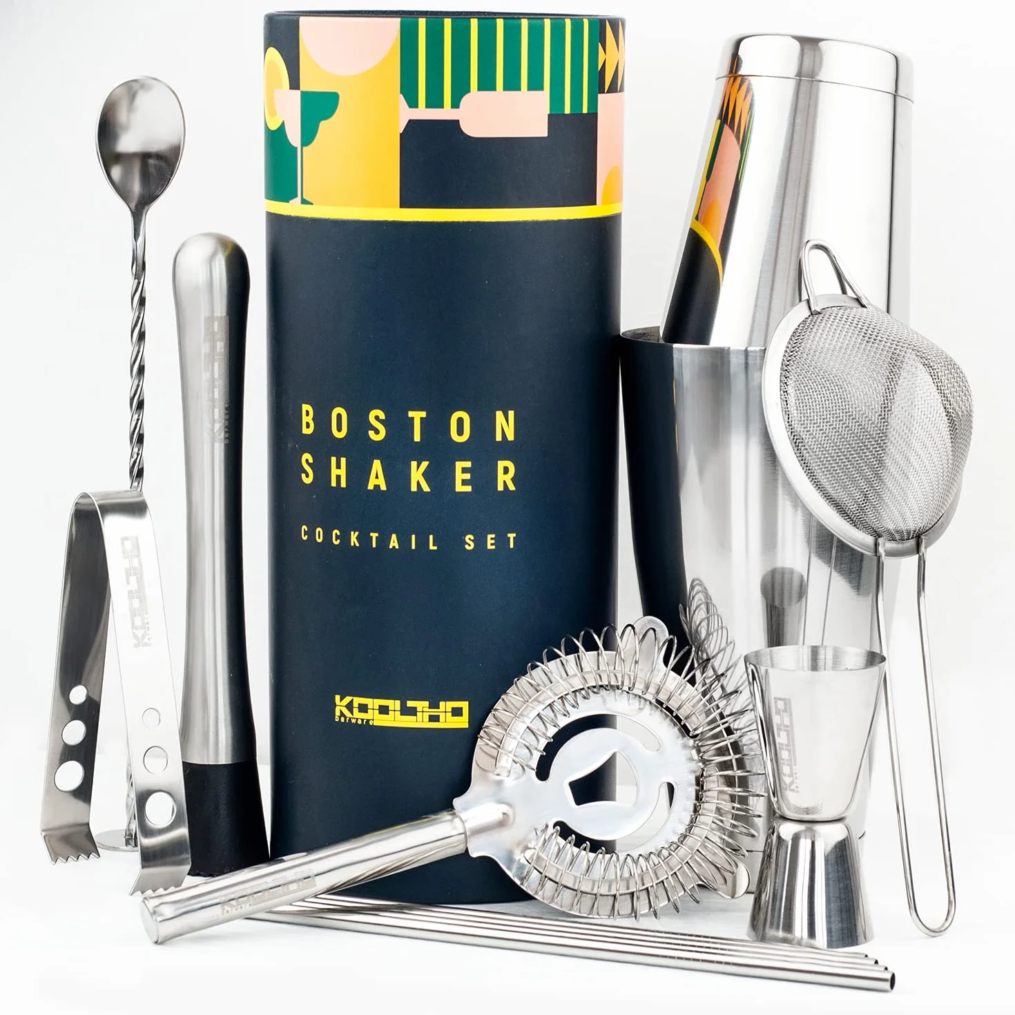 Shaker Boston Professionnel Kit Barman, Coffret Cadeau Original Personnalisable Femme Homme Couple, Set Cocktail Mojito avec Accessoires Bar, Shakers INOX Tin on Tin, Service Cocktails Complet Pro