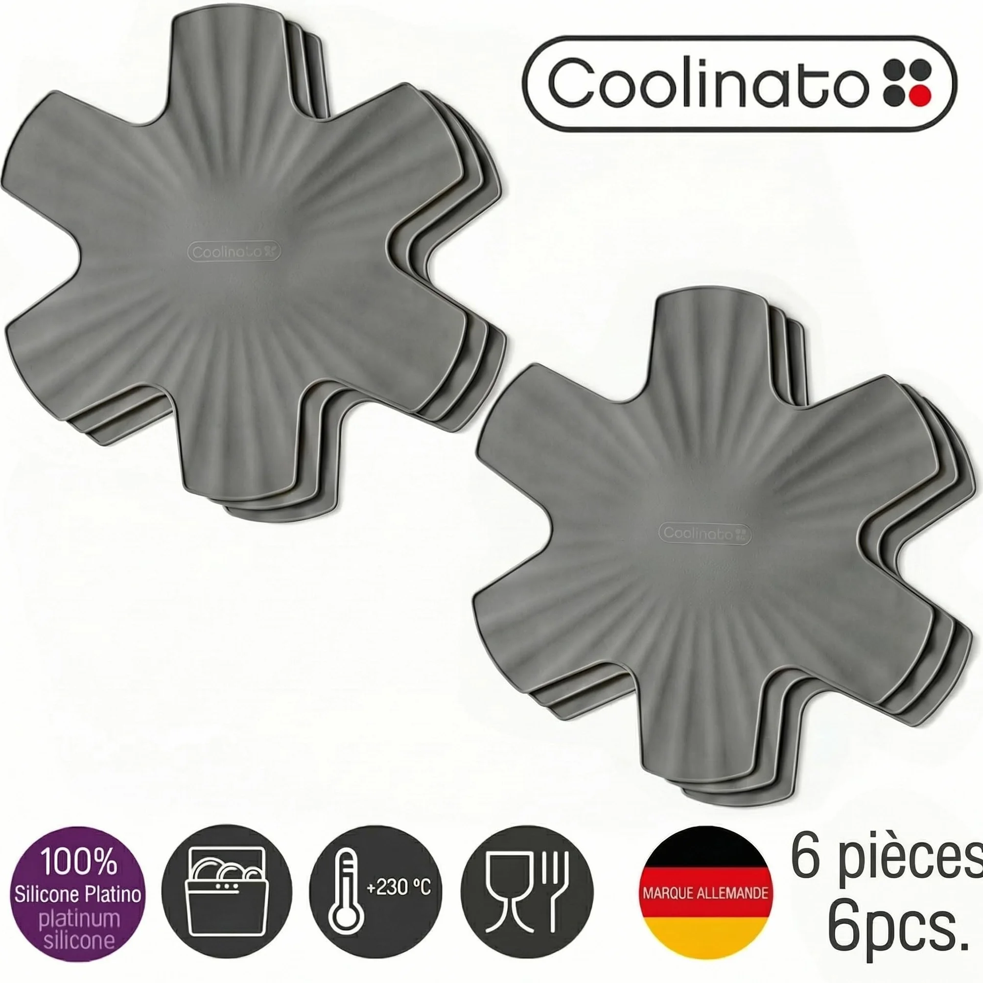 Coolinato Set de 6 protège-poêles en Silicone 35 cm Gris Protection Thermique