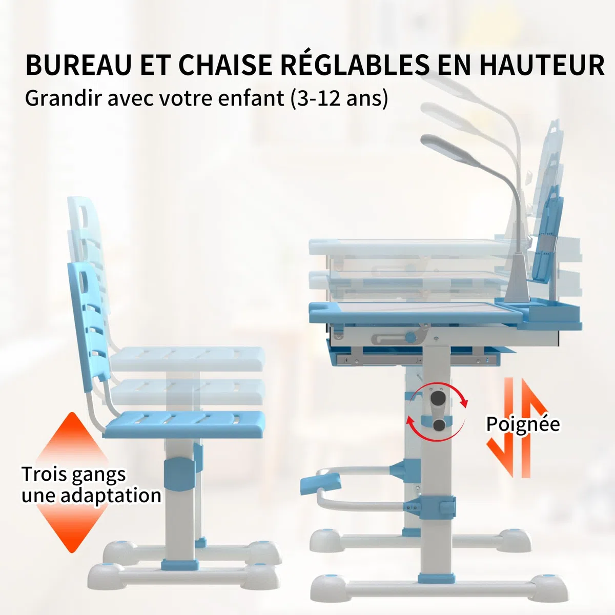 YLGJ&TIDY Ensemble de Table et de Chaises pour Enfants avec Lampe LED de Protection des Yeux, Bureau Enfant, Hauteur Réglable, Plateau Inclinable, Tiroir Multifonctions, Porte-Gobelet, Bleue